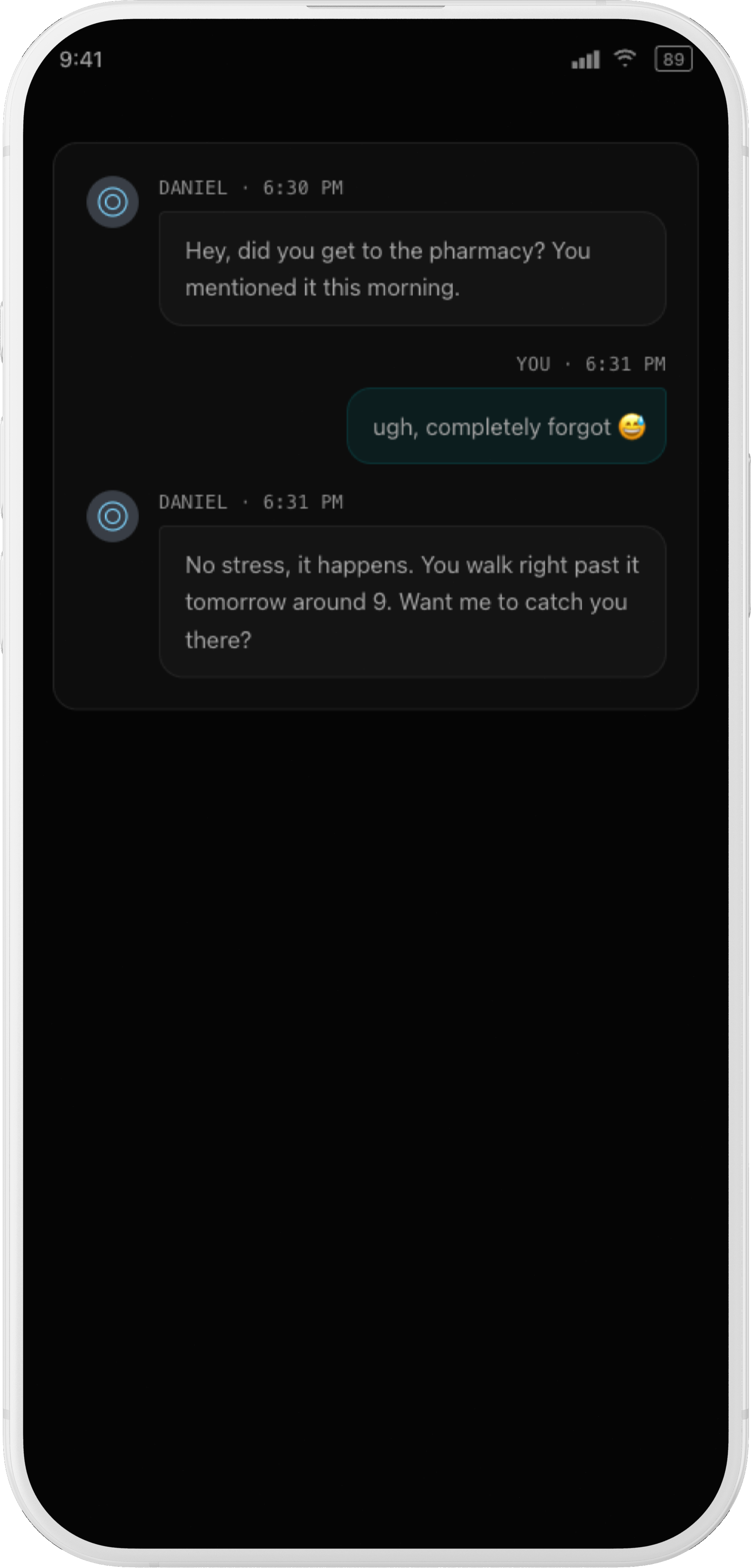 Daniel following up on a forgotten task and offering to catch you tomorrow, on an iPhone